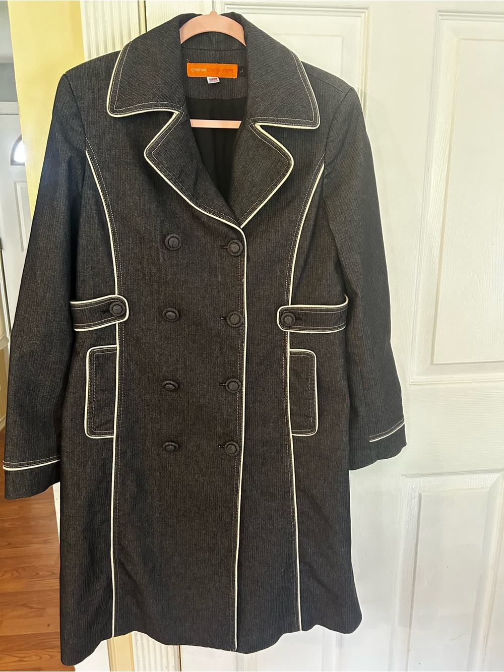 Cynthia Steffe Black Double-Breasted Pea Coat with White Piping